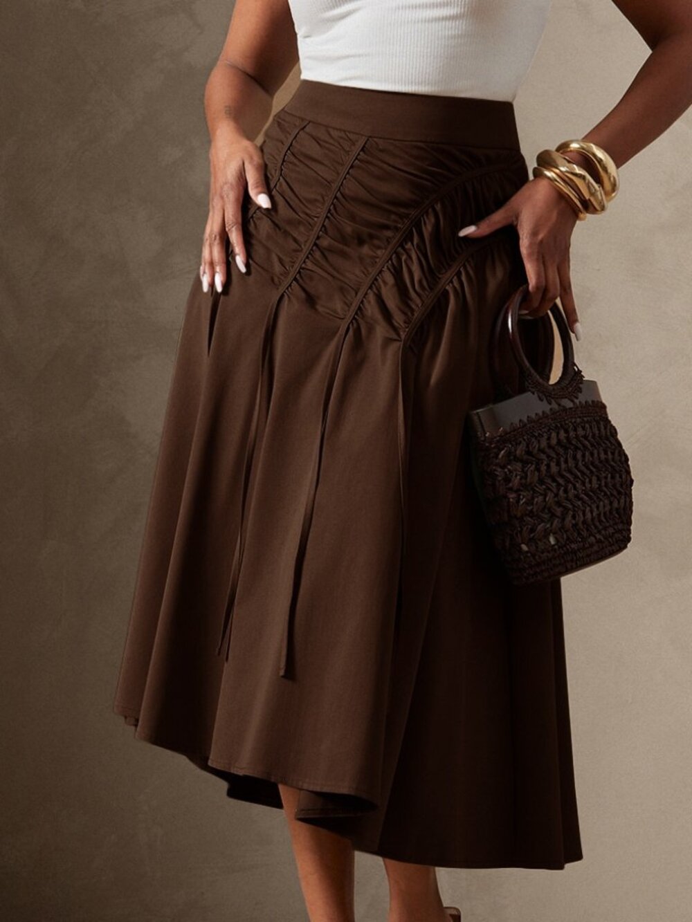 Coffee Brown Casual Women's Lightweight Woven Gathered High Waist Midi Skirt